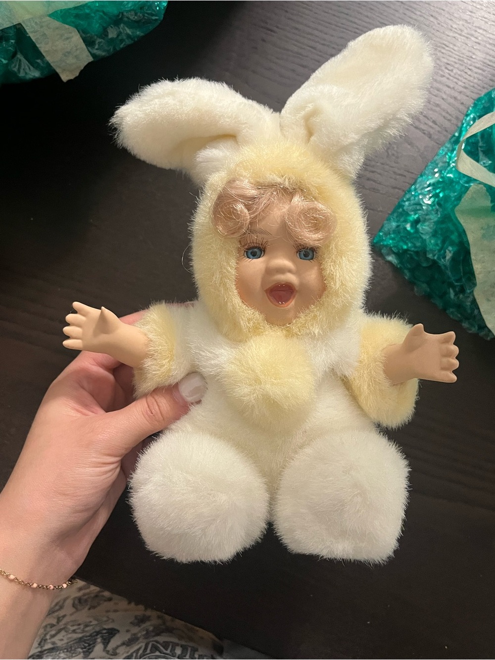 Plush Bunny Baby Doll - Cream and Pale Yellow PORCELAIN DOLL FACE